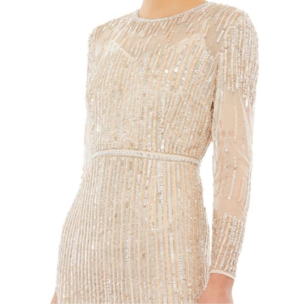 Mac Duggal trumpet gown beige Cream Sequin Long‎ Sleeve Dress maxi fitted